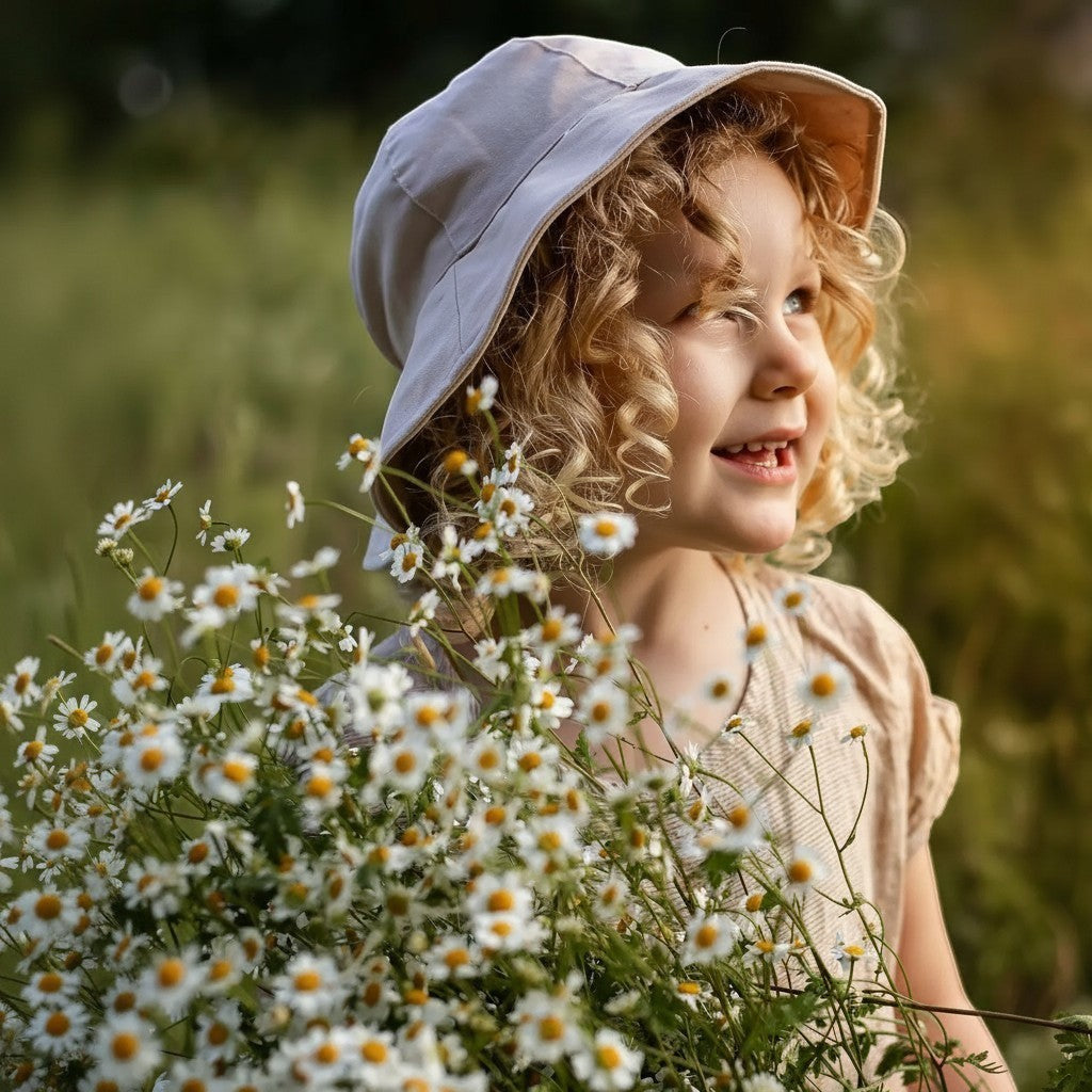 BabyMocs beige linen sun hat for children with UPF 50+ and detachable chin strap, perfect for summer.