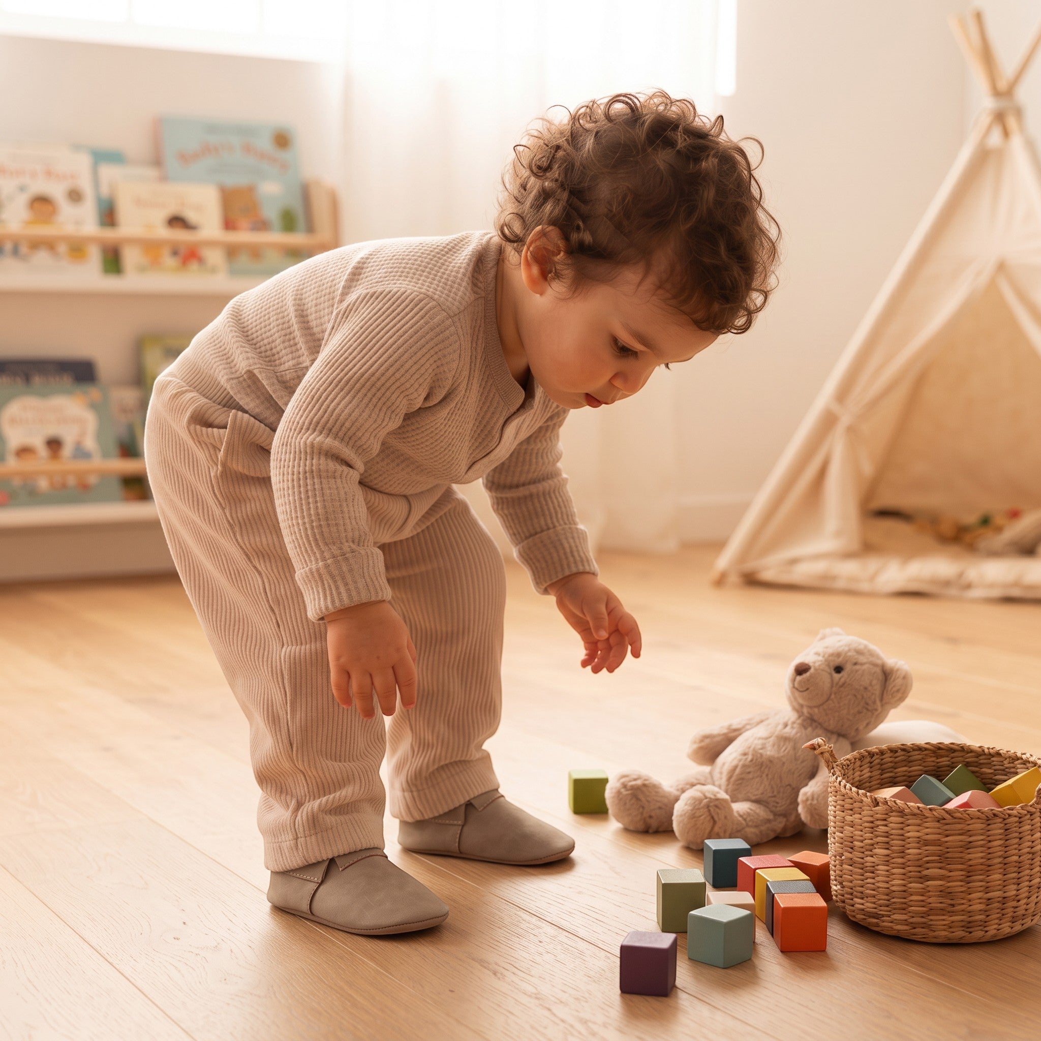 Ett barn i BabyMocs greige casual mocs leker med träklossar i ett ljust barnrum.