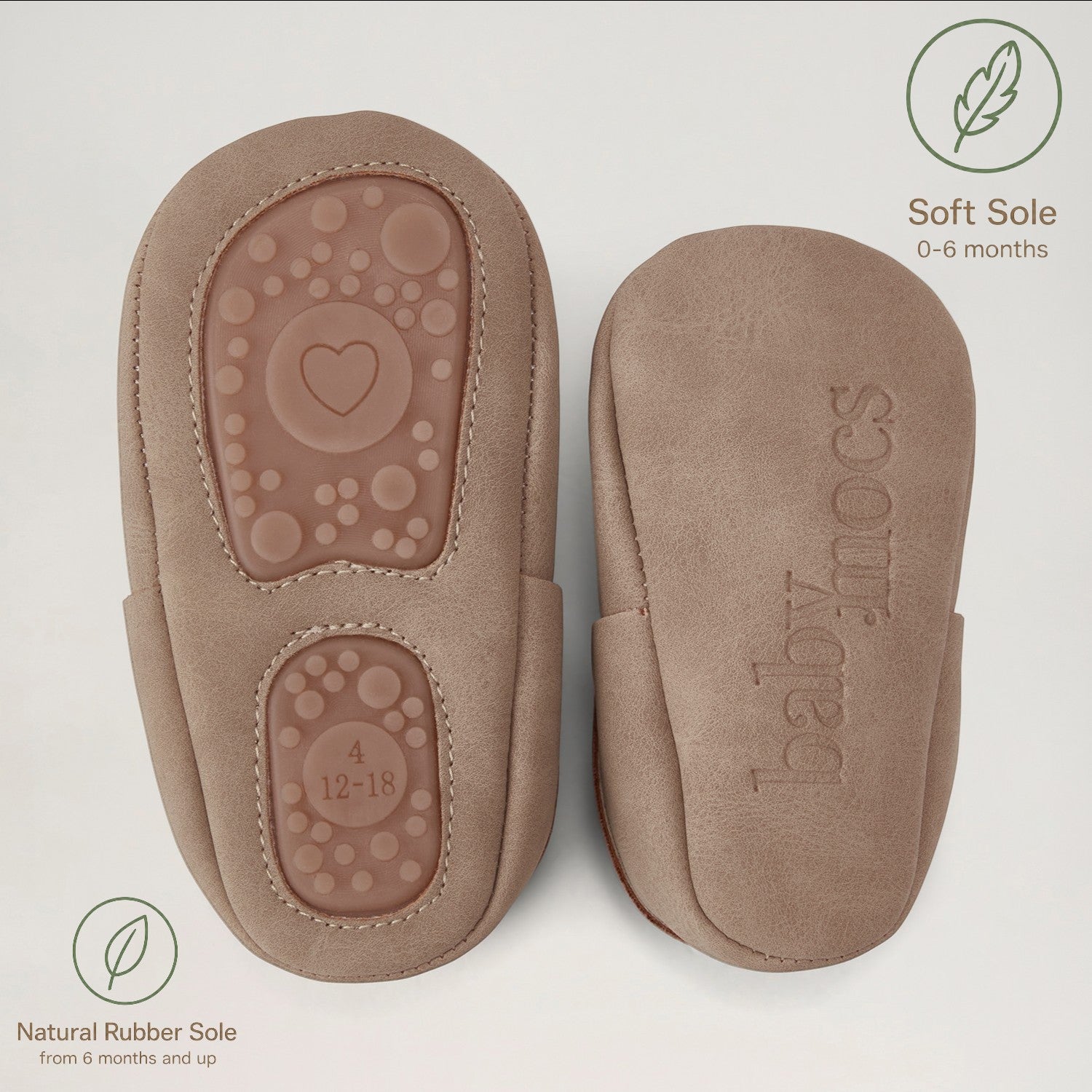 BabyMocs casual mocs i greige med mjuk sula och naturgummisula för baby och småbarn